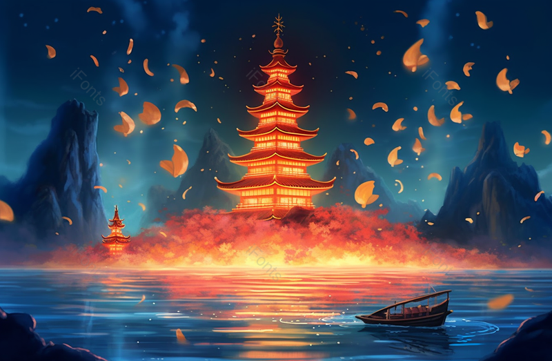 中国风山水凉亭亭台楼阁夜空下宁静的湖面停泊的船只插画,插画/手绘图,插画/手绘图库,插画/手绘图下载,插画/手绘